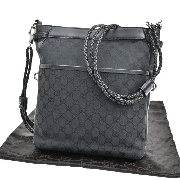 GUCCI Logo GG Pattern Cross Body Shoulder Bag Canvas Leather Black Italy - Picture 1 of 16